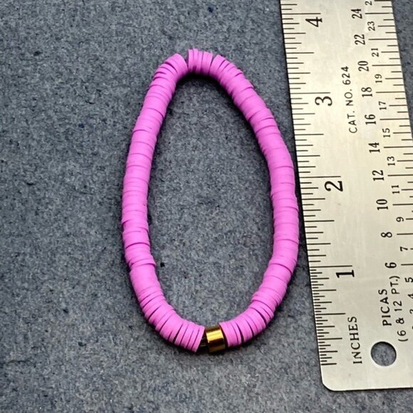 Heishi Clay Beaded Bracelet 7 In Pink Disc Stretch Gold Accent Stacked Barbie - Picture 4 of 4